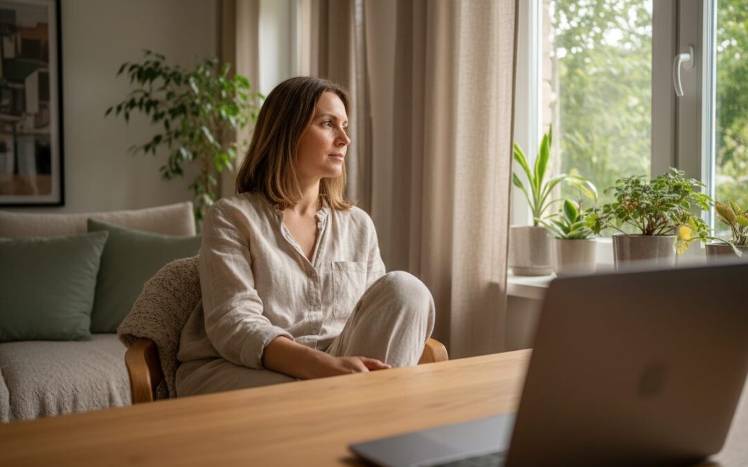 Frau im Homeoffice an einem Holzschreibtisch blickt vom Laptop weg zum Fenster, weiches Morgenlicht, Eiche und Leinen in Beige und Salbeigrün.