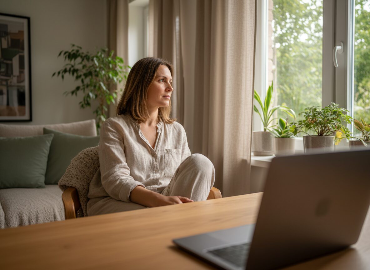 Frau im Homeoffice an einem Holzschreibtisch blickt vom Laptop weg zum Fenster, weiches Morgenlicht, Eiche und Leinen in Beige und Salbeigrün.