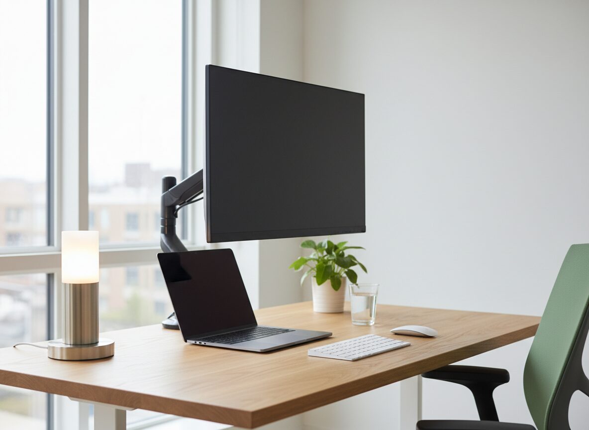 Ergonomischer Homeoffice-Arbeitsplatz mit externem Monitor auf Erhöhung, Tastatur, Maus, warmer Schreibtischlampe und Pflanze, Tageslicht von der Seite.