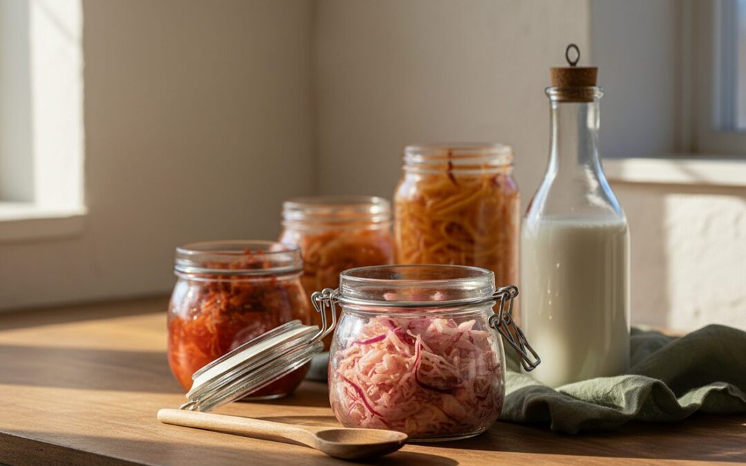 Verschiedene Glaeser mit fermentierten Lebensmitteln wie Sauerkraut, Kimchi und Kefir auf einer hellen Holzarbeitsplatte im Morgenlicht.