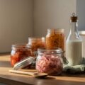 Verschiedene Glaeser mit fermentierten Lebensmitteln wie Sauerkraut, Kimchi und Kefir auf einer hellen Holzarbeitsplatte im Morgenlicht.