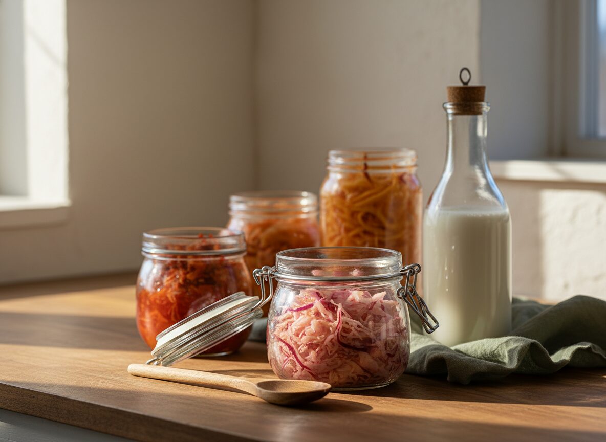 Verschiedene Glaeser mit fermentierten Lebensmitteln wie Sauerkraut, Kimchi und Kefir auf einer hellen Holzarbeitsplatte im Morgenlicht.