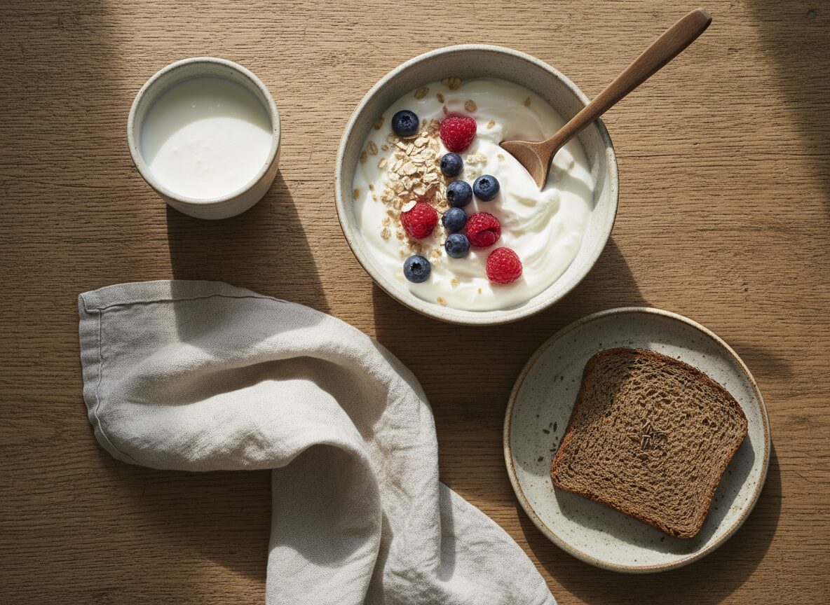 Fruehstueck mit einem Glas Kefir, einer Schale Naturjoghurt mit Beeren und einer Scheibe Roggenbrot auf einem Eichentisch im Morgenlicht.
