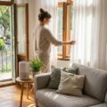 Frau öffnet morgens Leinengardinen in hellem Wohnzimmer mit Holzboden, Sofa und Luftreiniger auf Beistelltisch. Warmes Morgenlicht.