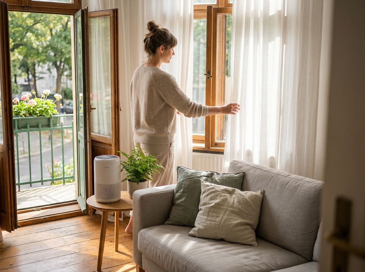 Frau öffnet morgens Leinengardinen in hellem Wohnzimmer mit Holzboden, Sofa und Luftreiniger auf Beistelltisch. Warmes Morgenlicht.