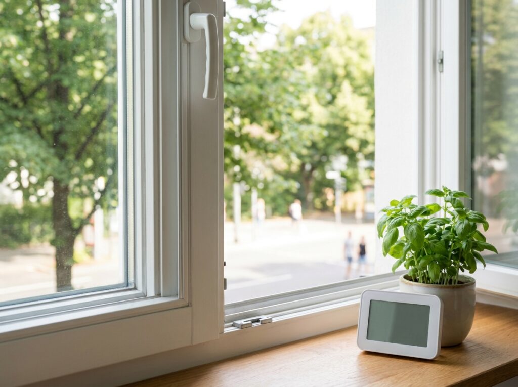 Leicht geöffnetes weißes Fenster in einer deutschen Wohnung, auf der Fensterbank ein digitales Hygrometer und ein Kräutertopf. Helles Tageslicht.