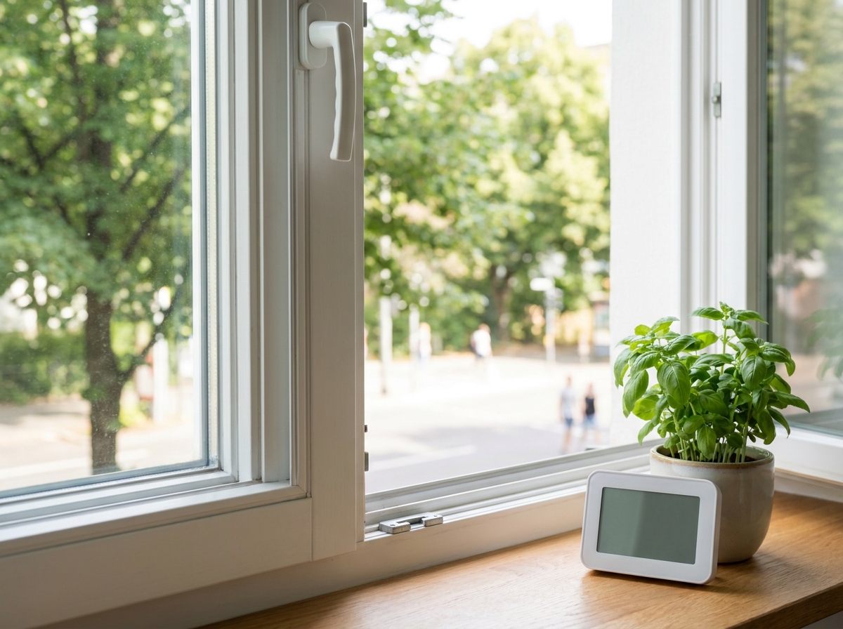 Leicht geöffnetes weißes Fenster in einer deutschen Wohnung, auf der Fensterbank ein digitales Hygrometer und ein Kräutertopf. Helles Tageslicht.