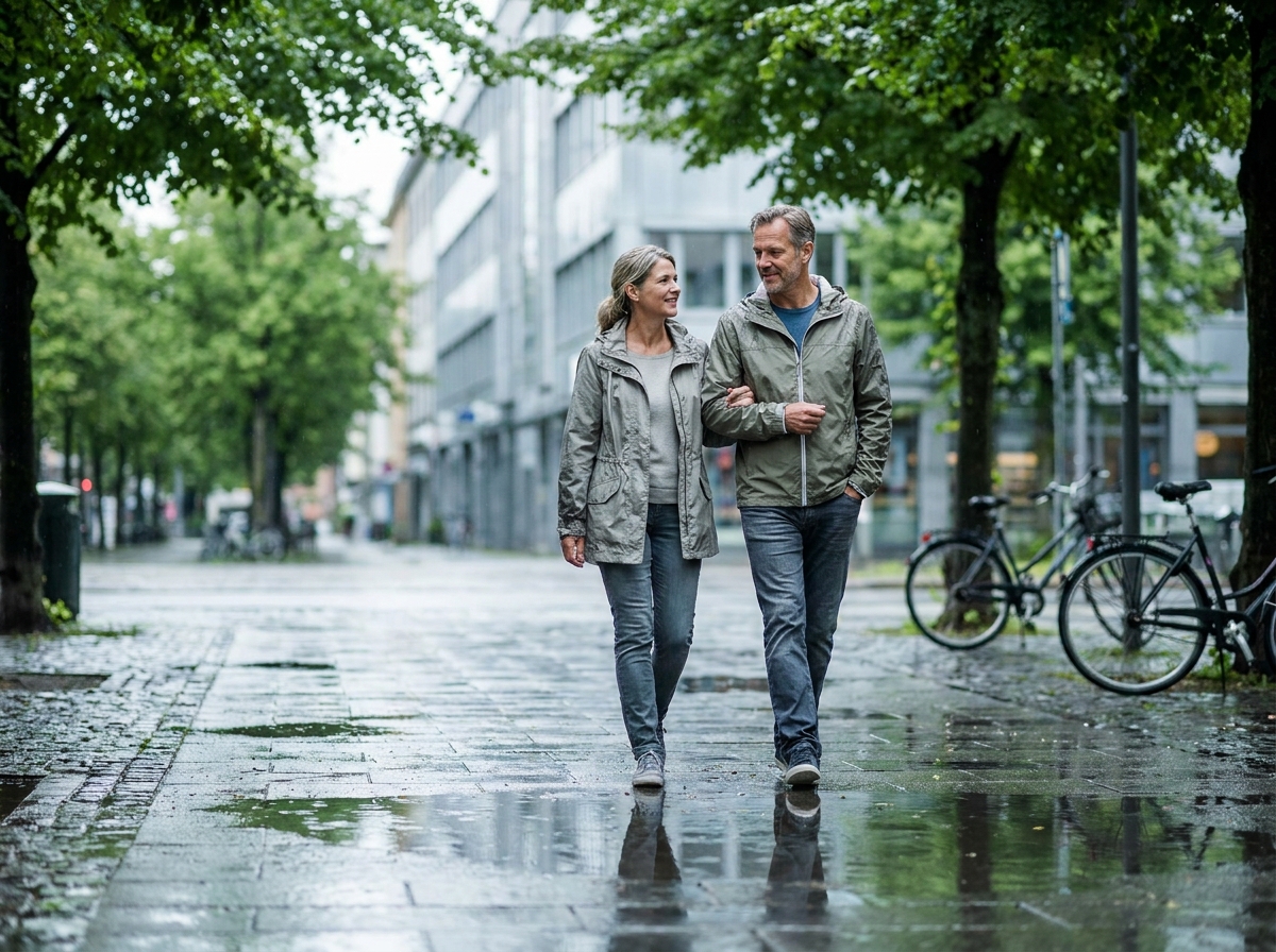 Paar mittleren Alters spaziert nach einem Regenschauer auf glänzendem Stadtbürgersteig unter nassen Bäumen. Gedämpftes, kühles Nachmittagslicht.