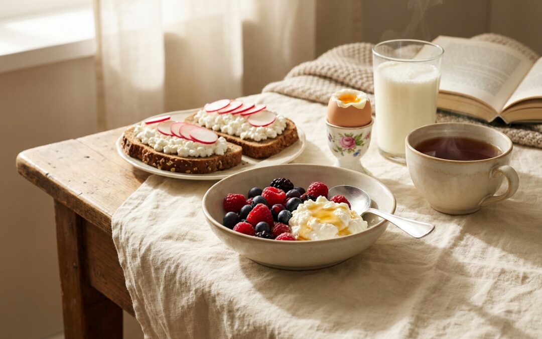 Frühstückstisch mit Quark, Beeren, Vollkornbrot mit Hüttenkäse, weichem Ei und einem Glas Buttermilch im weichen Morgenlicht auf cremefarbenem Leinen.