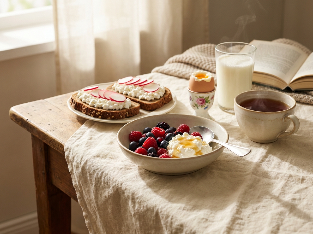 Frühstückstisch mit Quark, Beeren, Vollkornbrot mit Hüttenkäse, weichem Ei und einem Glas Buttermilch im weichen Morgenlicht auf cremefarbenem Leinen.
