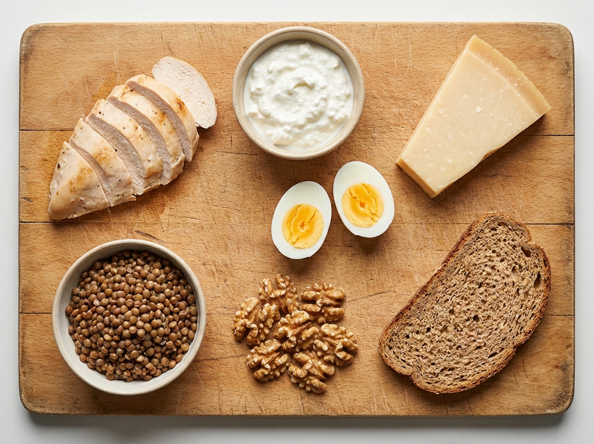 Holzbrett mit Hähnchenbrust, Quark, halbierten Eiern, Käse, gekochten Linsen, Walnüssen und Vollkornbrot in Portionen, von oben fotografiert bei Tageslicht.