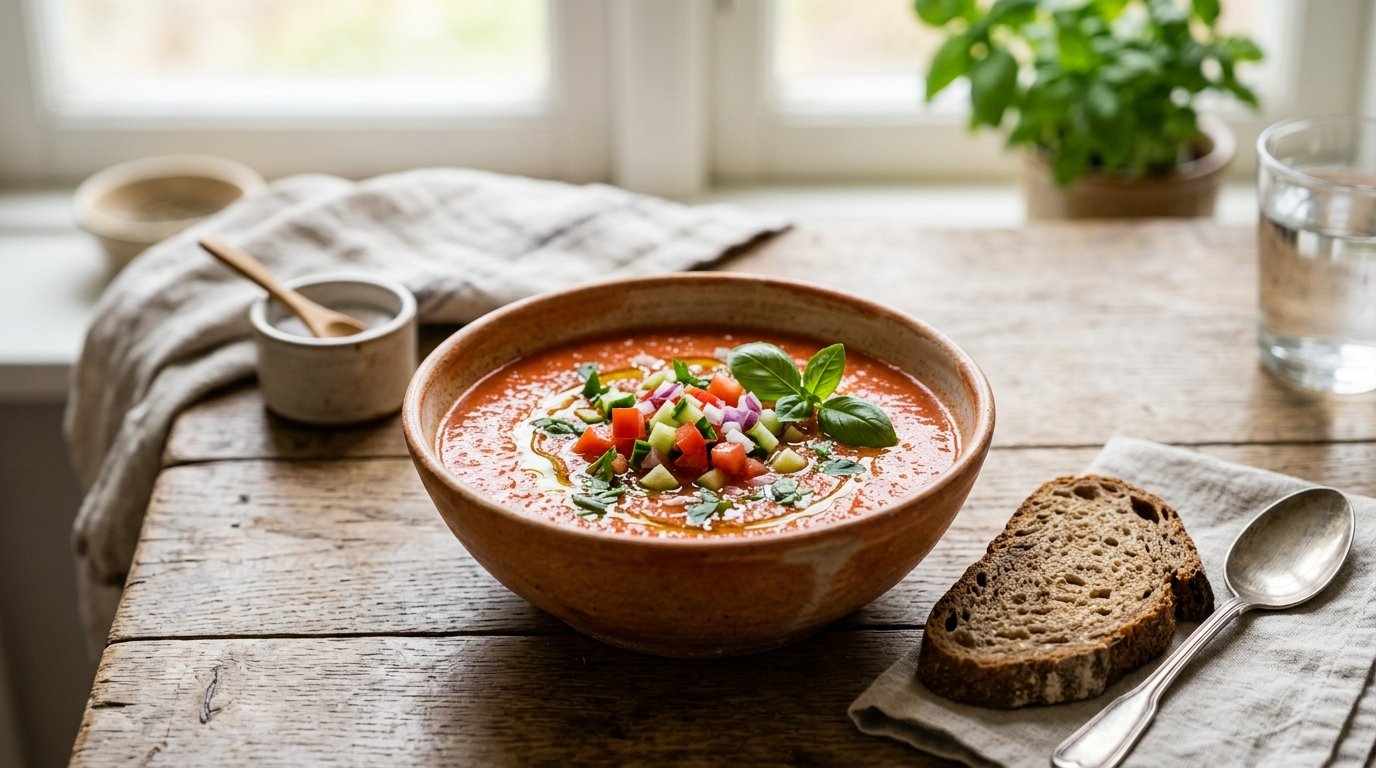 Kalte Sommersuppe: eine Schale pürierte Tomaten-Gurken-Suppe mit frischen Kräutern auf dem Tisch